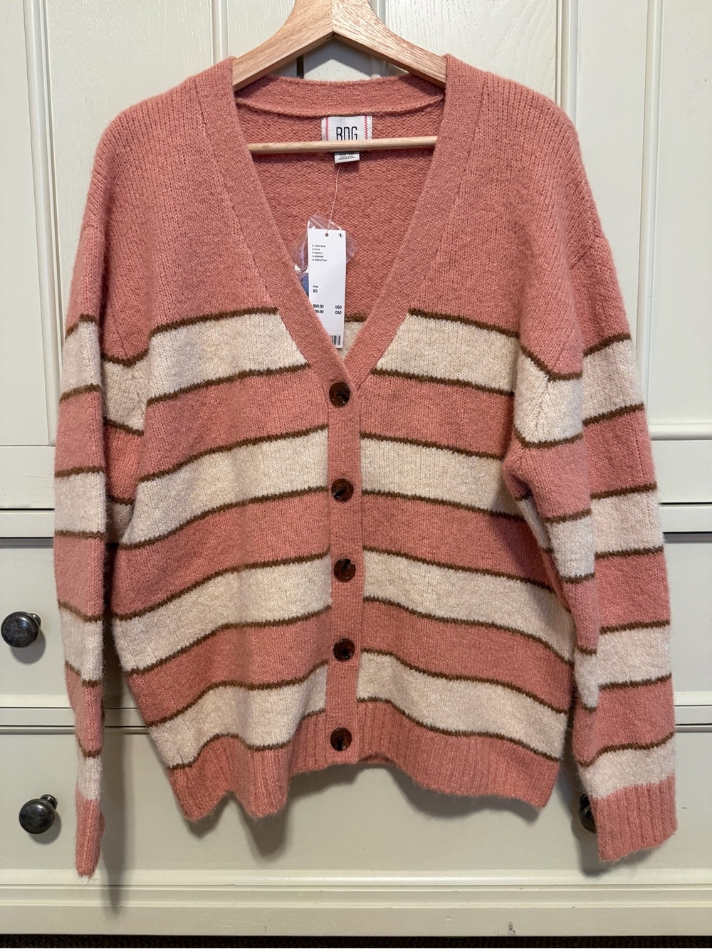 BDG Oversized Striped Button Cardigan - Rose Pink & Cream